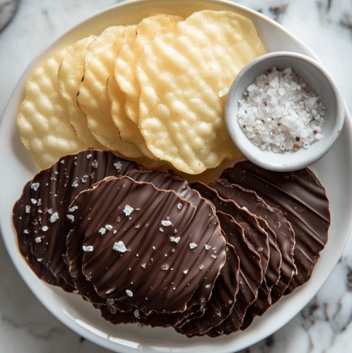 A bowl of crispy potato chips dipped in rich melted chocolate, garnished with sea salt.