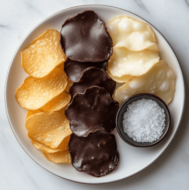 A stack of chocolate-covered potato chips on a white plate, with a bite taken out of one.