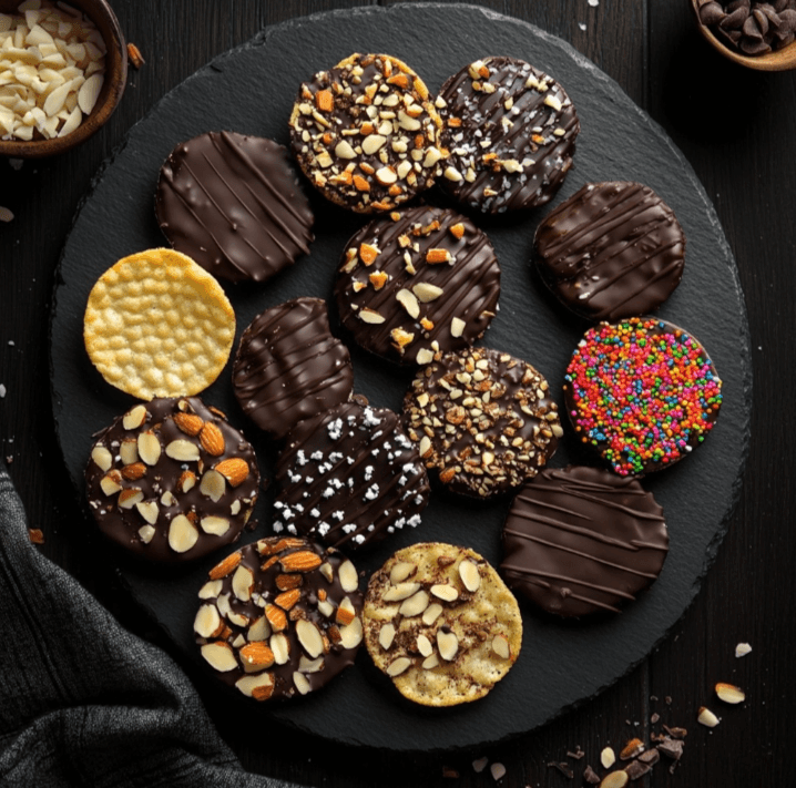 Three types of chocolate-covered potato chips: dark, milk, and white chocolate.