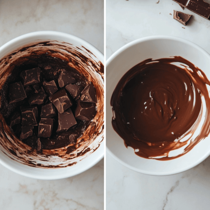 Clumpy, overheated chocolate in a bowl next to perfectly melted chocolate.