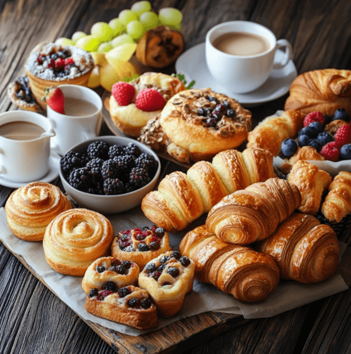 A variety of breakfast pastries including croissants, cinnamon rolls, Danishes, and muffins, beautifully arranged on a wooden table with coffee and fruit