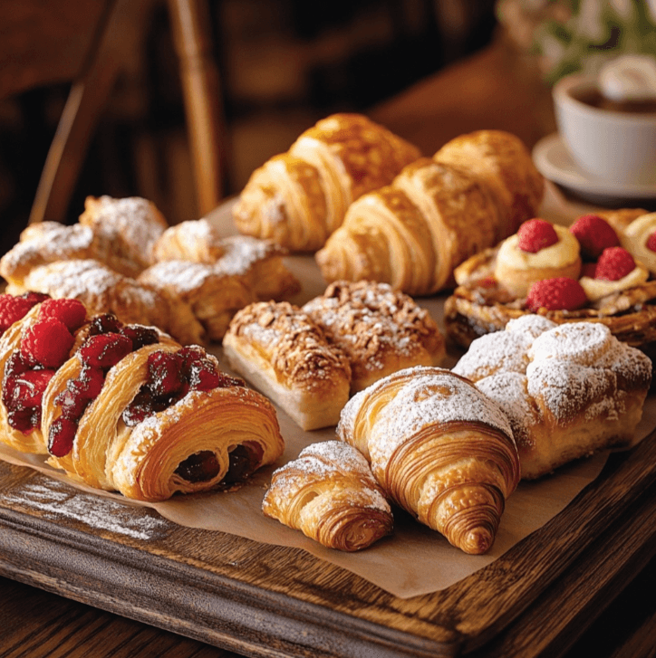 A variety of breakfast pastries including croissants, cinnamon rolls, Danishes, and muffins, beautifully arranged on a wooden table with coffee and fruit.
