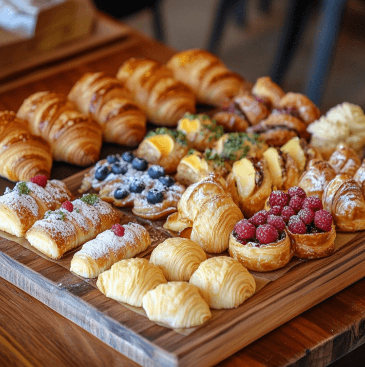 A variety of breakfast pastries including croissants, cinnamon rolls, Danishes, and muffins, beautifully arranged on a wooden table with coffee and fruit