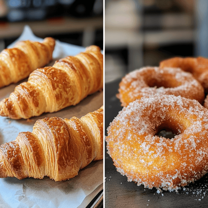 Different types of breakfast pastries from around the world, including French croissants, American cinnamon rolls, British scones, and Italian sfogliatella