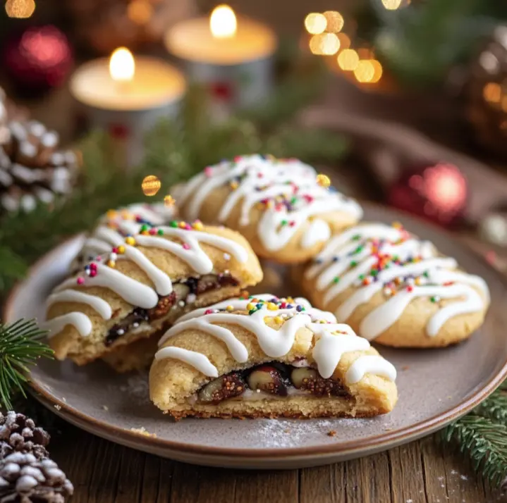 A plate of freshly baked Cuccidati, traditional Sicilian fig cookies, decorated with icing and festive sprinkles