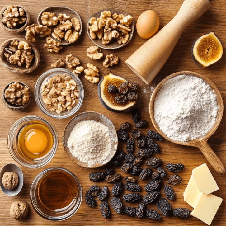 A flat lay of all ingredients needed to make Cuccidati, including dried figs, nuts, honey, and dough