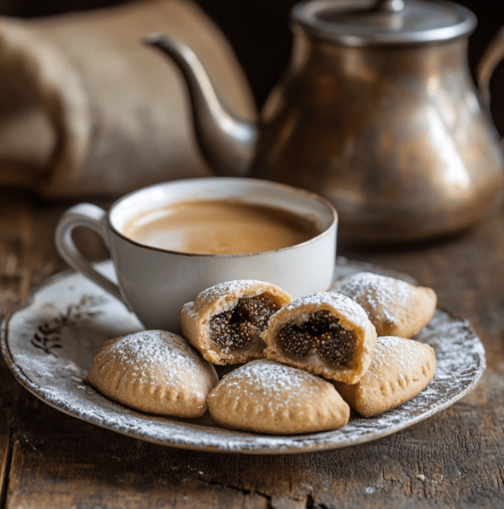 A cup of espresso with a plate of Cuccidati cookies beside it.