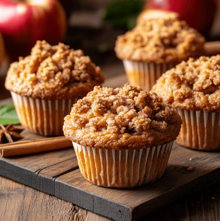 A batch of golden brown apple streusel muffins with a crunchy topping, placed on a rustic wooden table, surrounded by fresh apples and cinnamon sticks