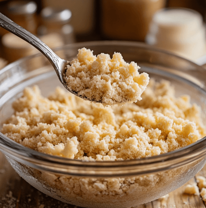 A mixing bowl filled with crumbly, buttery streusel topping, with a spoon showing its perfect coarse texture