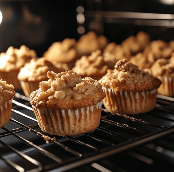 Apple streusel muffins rising in the oven, their crumb topping turning golden brown