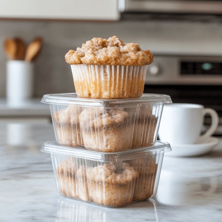 A batch of apple streusel muffins neatly arranged in an airtight glass container to keep them fresh