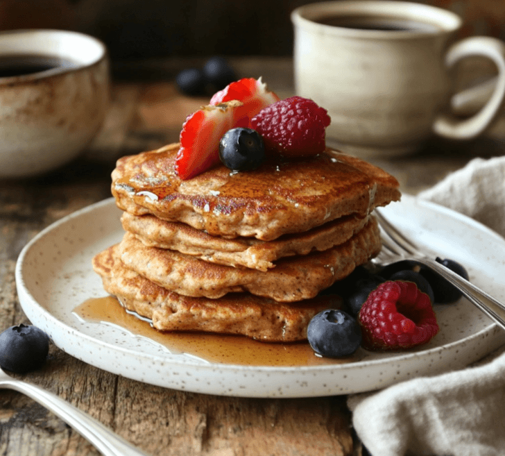 A stack of fluffy Premier Protein Pancakes with fresh berries and a drizzle of syrup on a white plate