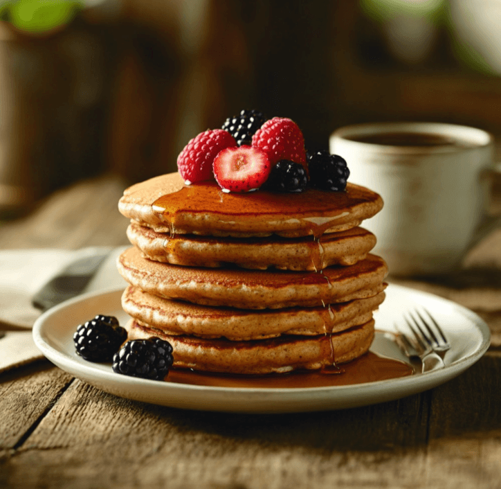 A stack of fluffy Premier Protein Pancakes with fresh berries and a drizzle of syrup on a white plate