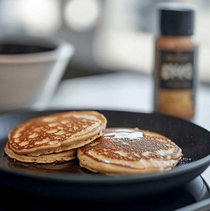 A non-stick pan with three golden-brown protein pancakes cooking over medium heat