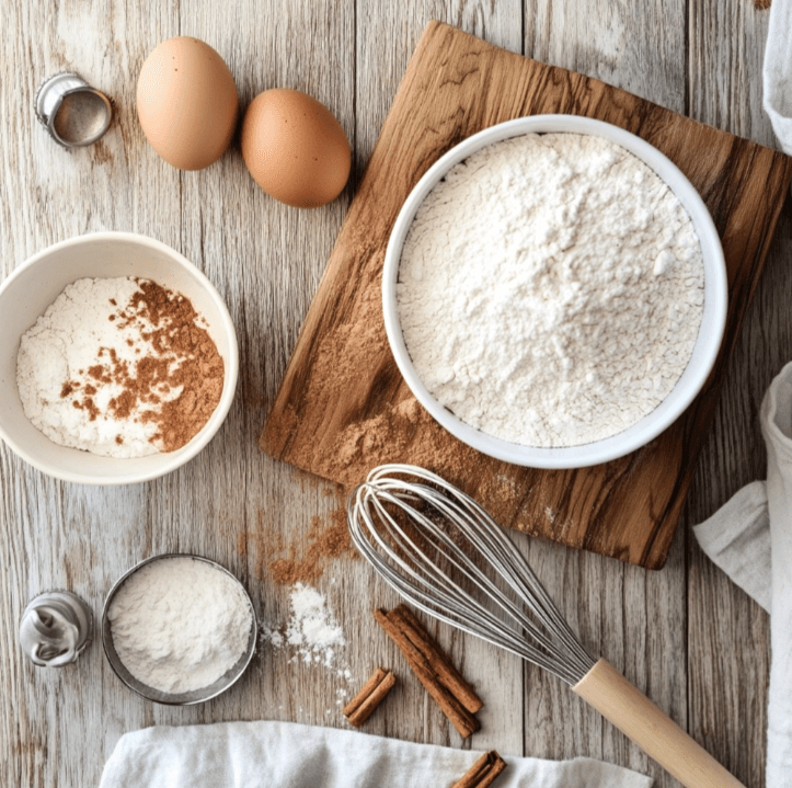 Measured ingredients for Premier Protein Pancakes, including protein shake, flour, eggs, and cinnamon, neatly arranged on a wooden kitchen counter