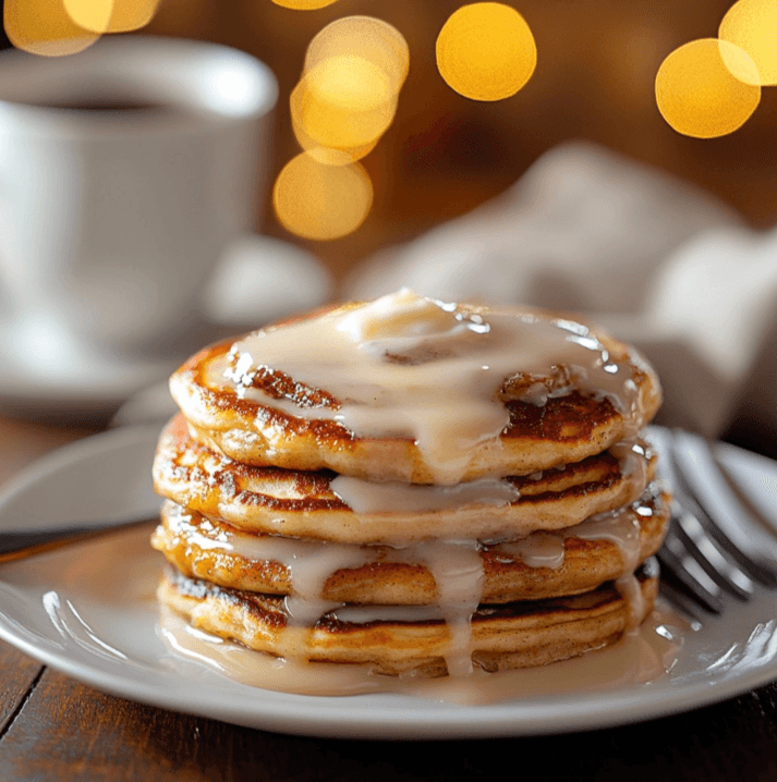 A spoon drizzling cream cheese glaze over a stack of cinnamon roll pancakes