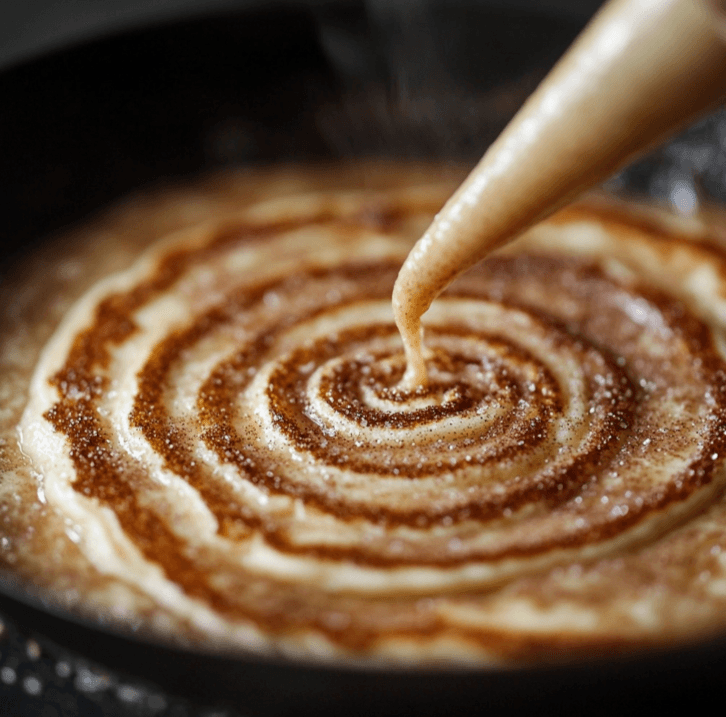 A pancake on a skillet with a cinnamon swirl being piped onto it