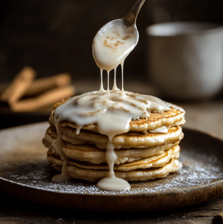 A spoon drizzling cream cheese glaze over a stack of cinnamon roll pancakes