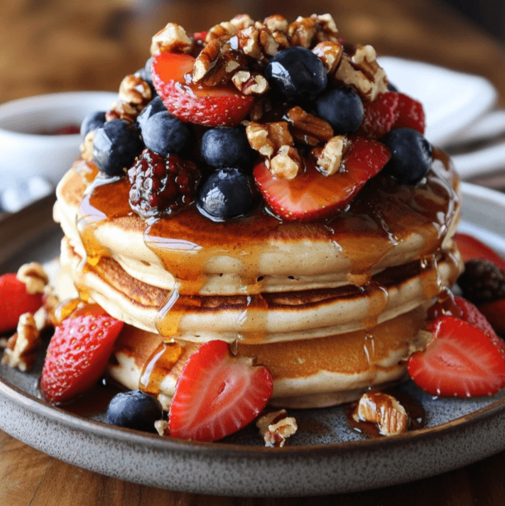 Cinnamon Roll Pancakes topped with fresh berries, chopped pecans, and caramel drizzle