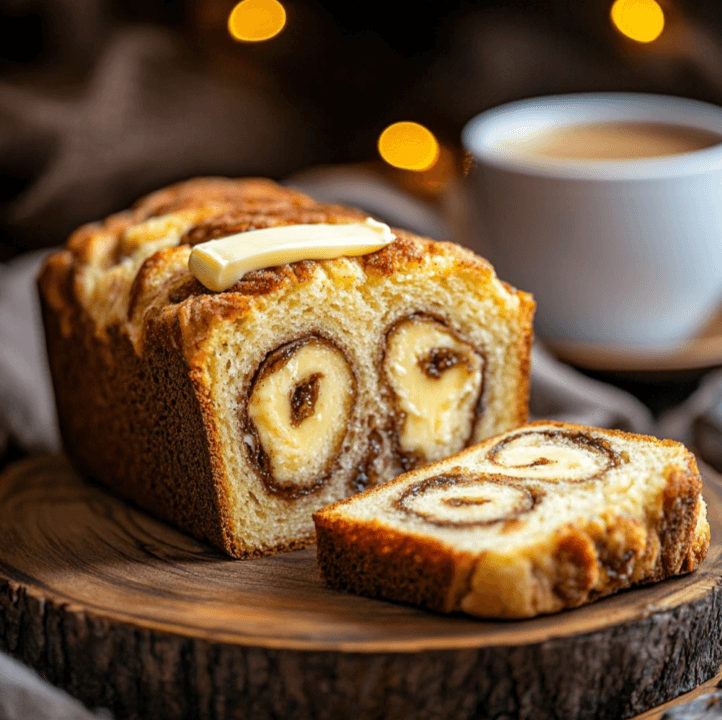 A golden brown loaf of keto cinnamon raisin bread, sliced to reveal its fluffy texture with swirls of cinnamon and keto-friendly raisins