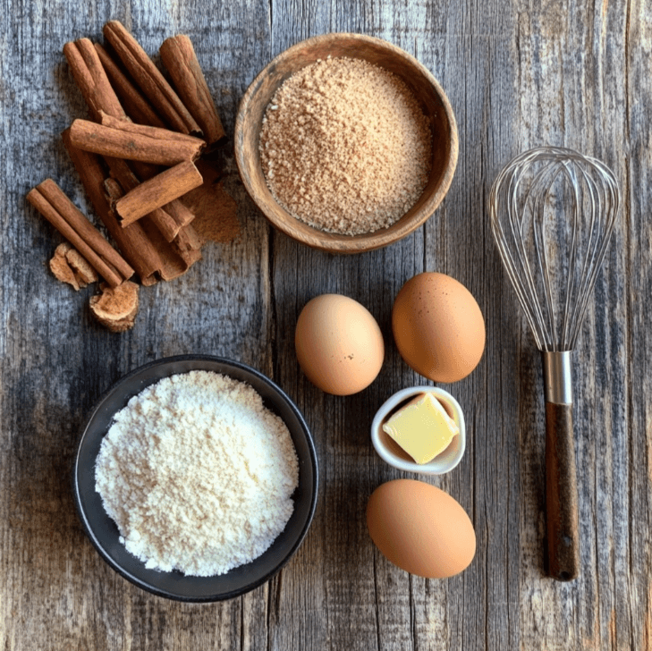 A flat lay of almond flour, coconut flour, eggs, butter, cinnamon, and keto-friendly sweeteners on a wooden kitchen countertop