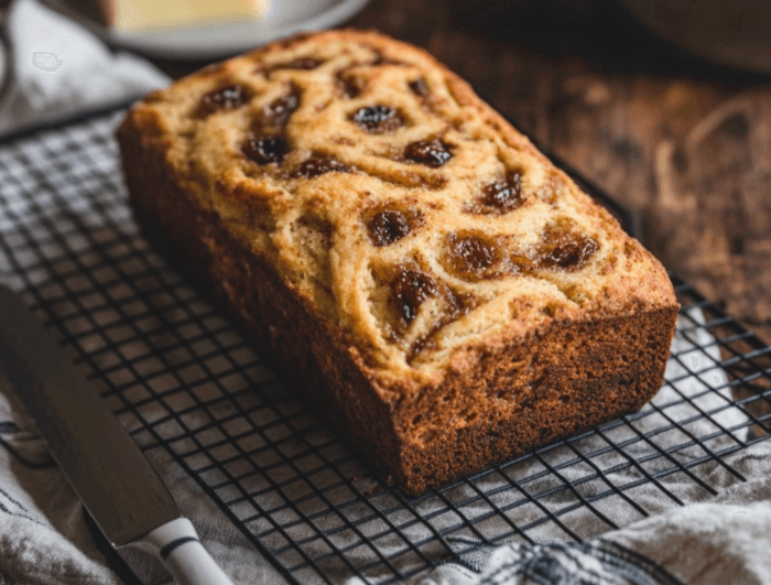 A golden brown loaf of keto cinnamon raisin bread cooling on a wire rack, with swirls of cinnamon visible