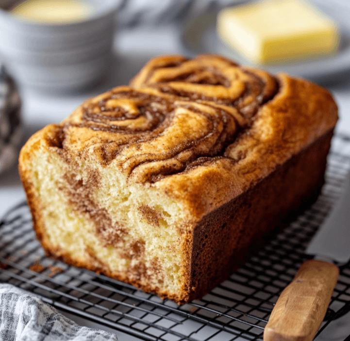 A golden brown loaf of keto cinnamon raisin bread cooling on a wire rack, with swirls of cinnamon visible.