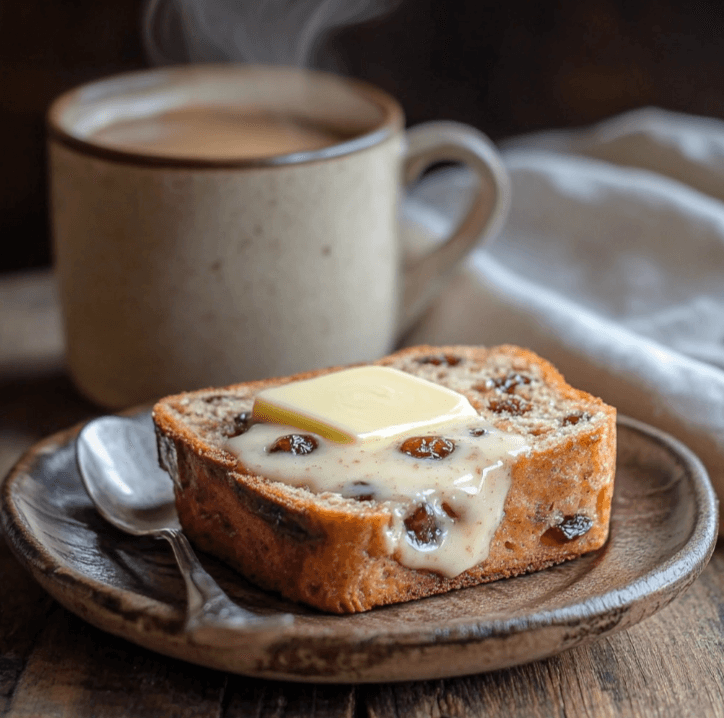 A slice of keto cinnamon raisin bread with melted butter on top, served on a plate with a side of keto coffee.