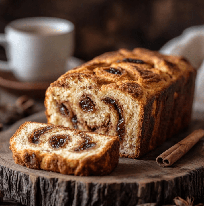 A golden brown loaf of keto cinnamon raisin bread, sliced to reveal its fluffy texture with swirls of cinnamon and keto-friendly raisins