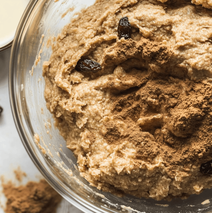 A baker's hands mixing a bowl of keto cinnamon raisin bread dough with a spatula. The texture appears thick and well-combined.