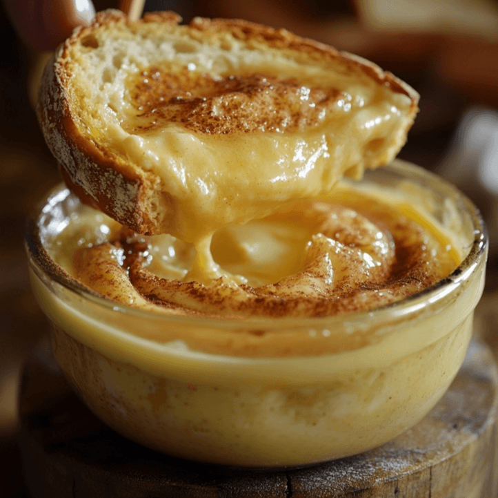 A thick slice of sourdough bread being dipped into a creamy egg custard mixture in a bowl