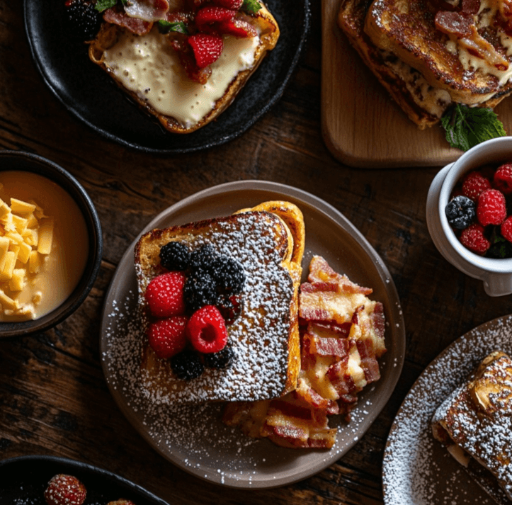 A plate of crispy sourdough French toast drizzled with maple syrup and topped with fresh berries