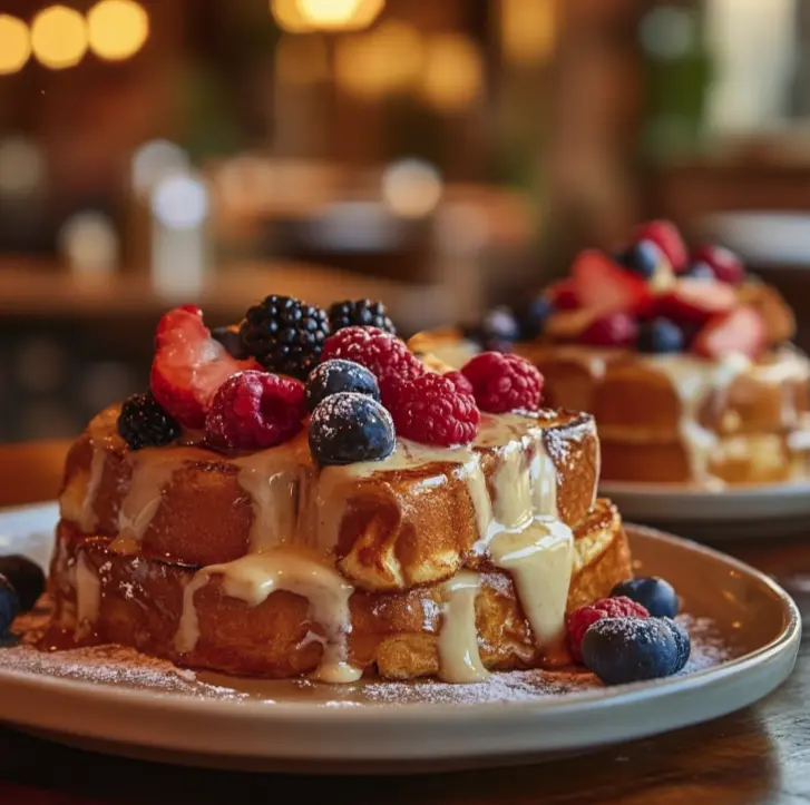 A plate of crispy sourdough French toast drizzled with maple syrup and topped with fresh berries