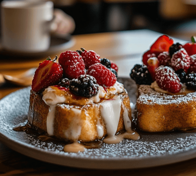 A plate of crispy sourdough French toast drizzled with maple syrup and topped with fresh berries