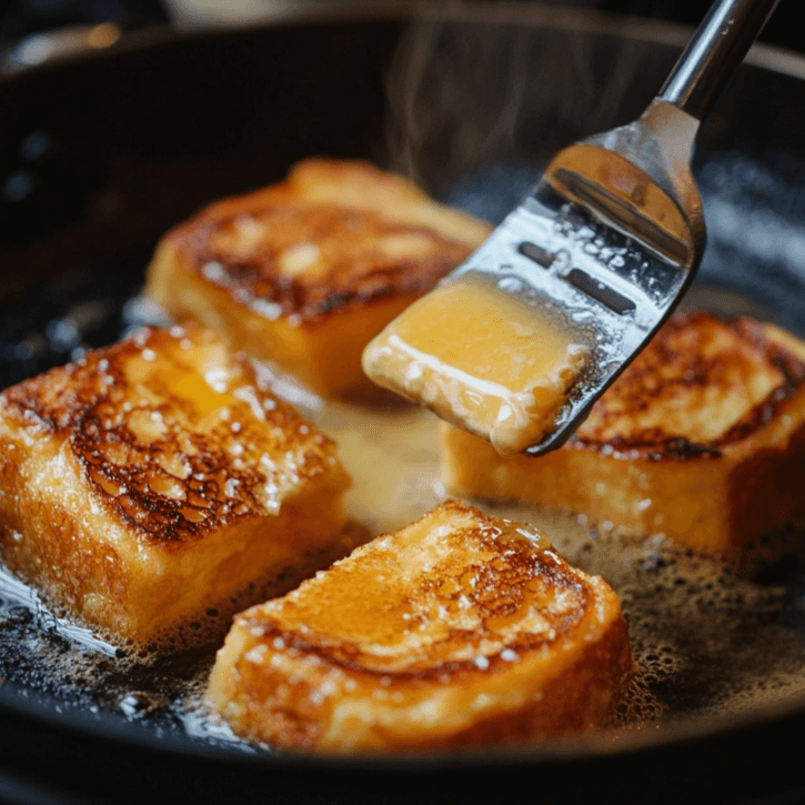 A skillet with butter and Hawaiian rolls cooking to golden perfection