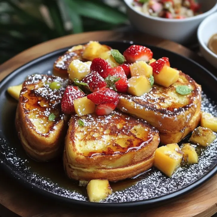 A plate of golden-brown Hawaiian Roll French Toast topped with fresh berries, maple syrup drizzle, and powdered sugar