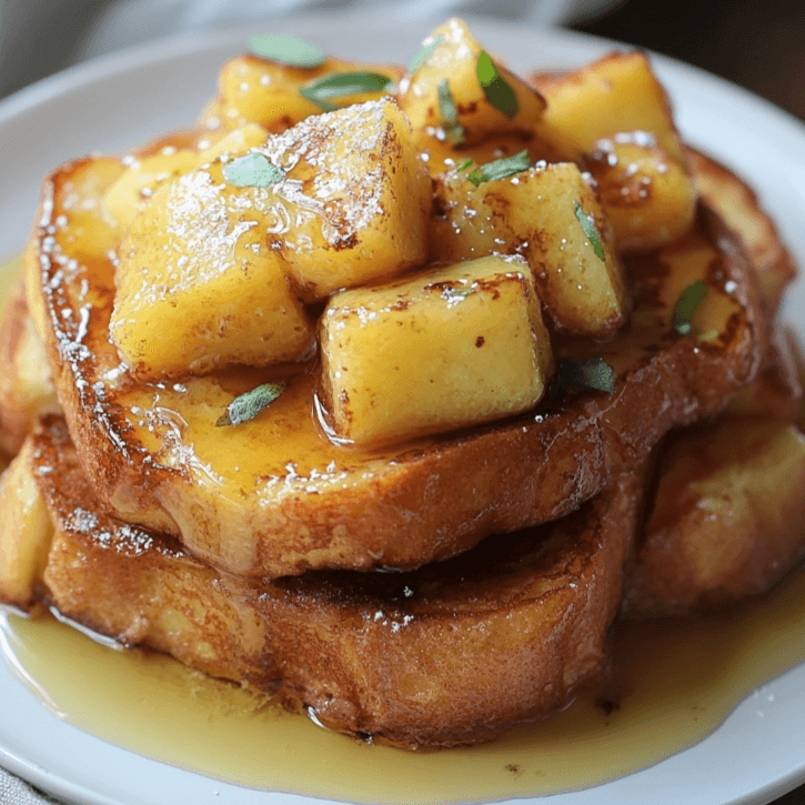 A plate of golden-brown Hawaiian Roll French Toast topped with fresh berries, maple syrup drizzle, and powdered sugar