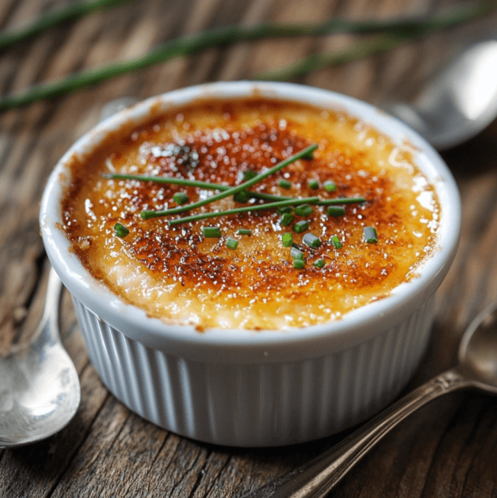 A gourmet Crab Brulee with a golden, caramelized sugar crust served in a white ramekin