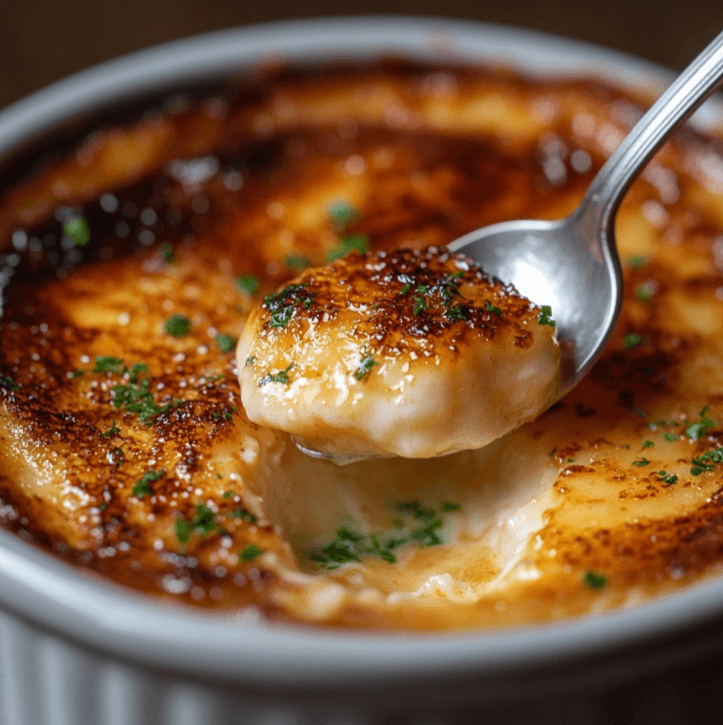 A gourmet Crab Brulee with a golden, caramelized sugar crust served in a white ramekin