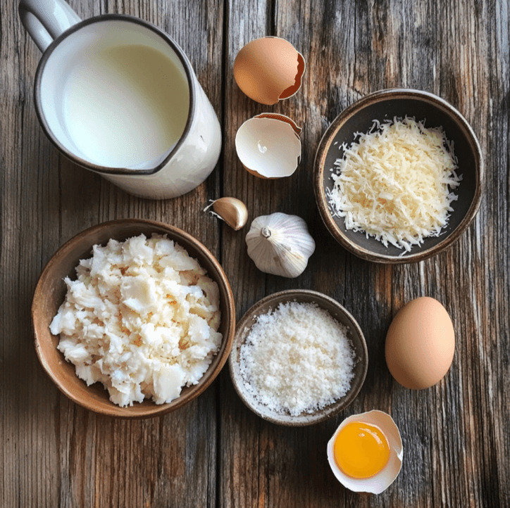 Fresh lump crab meat, heavy cream, Parmesan cheese, and egg yolks arranged on a kitchen countertop