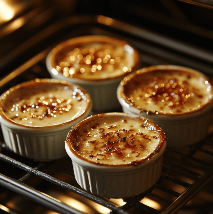 Four ramekins filled with freshly baked Crab Brulee, sitting in a water bath inside an oven