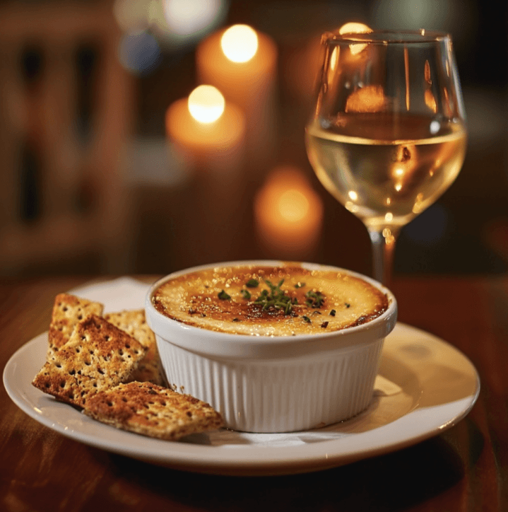 A serving of Crab Brulee on a white plate, garnished with herbs, accompanied by a glass of white wine and crackers