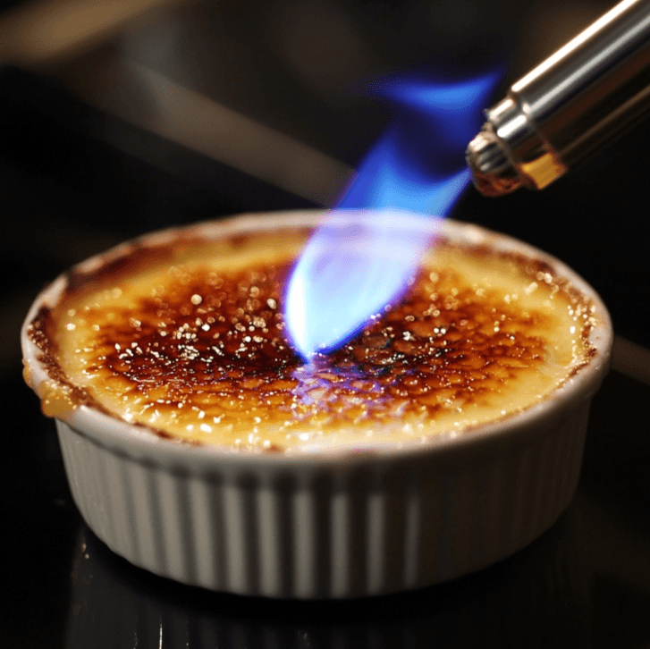 A chef using a blowtorch to caramelize the sugar crust on a ramekin of Crab Brulee