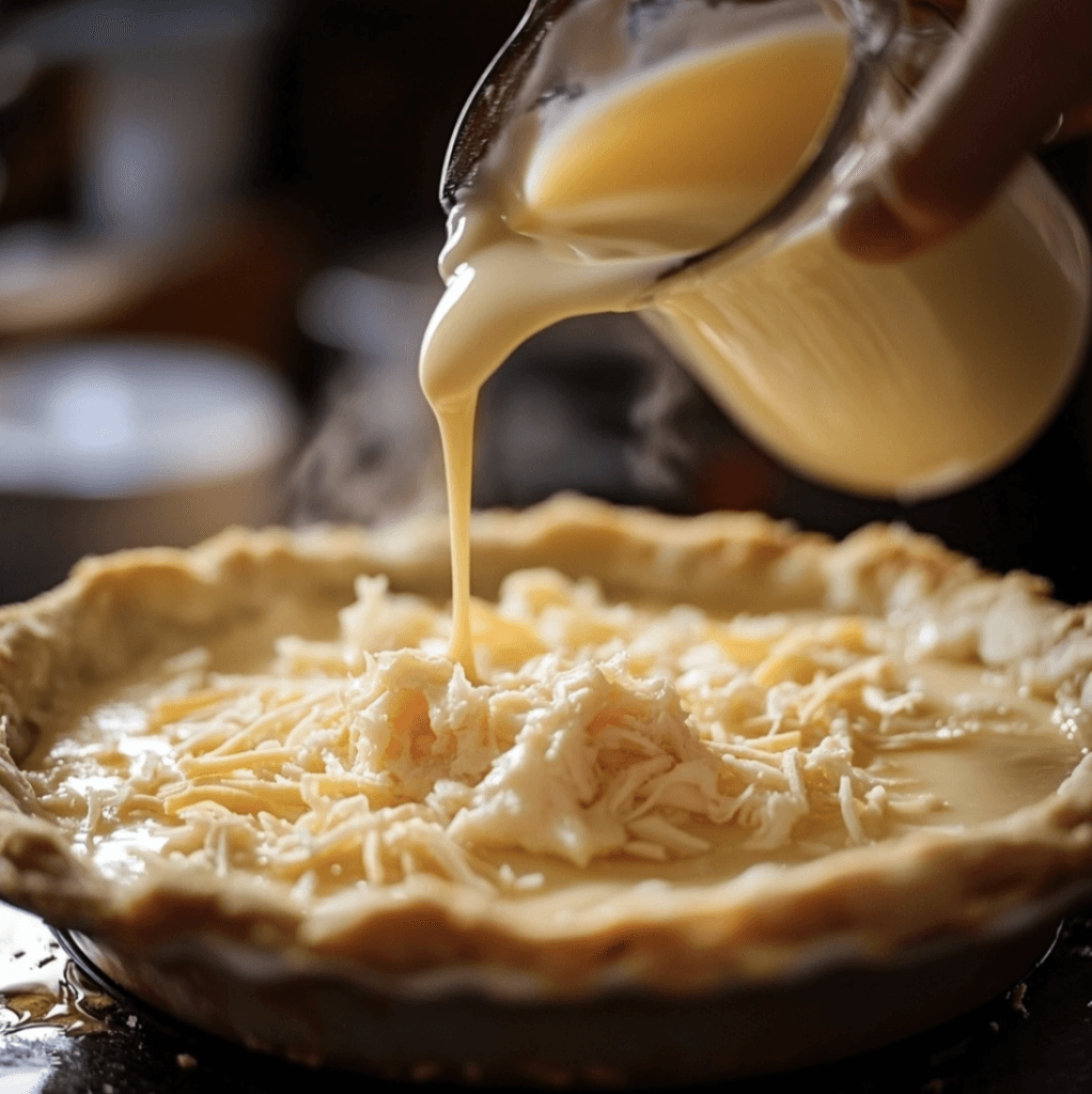 A quiche being prepared, with a hand pouring a creamy egg mixture into a pre-baked pie crust filled with lump crab meat and cheese.