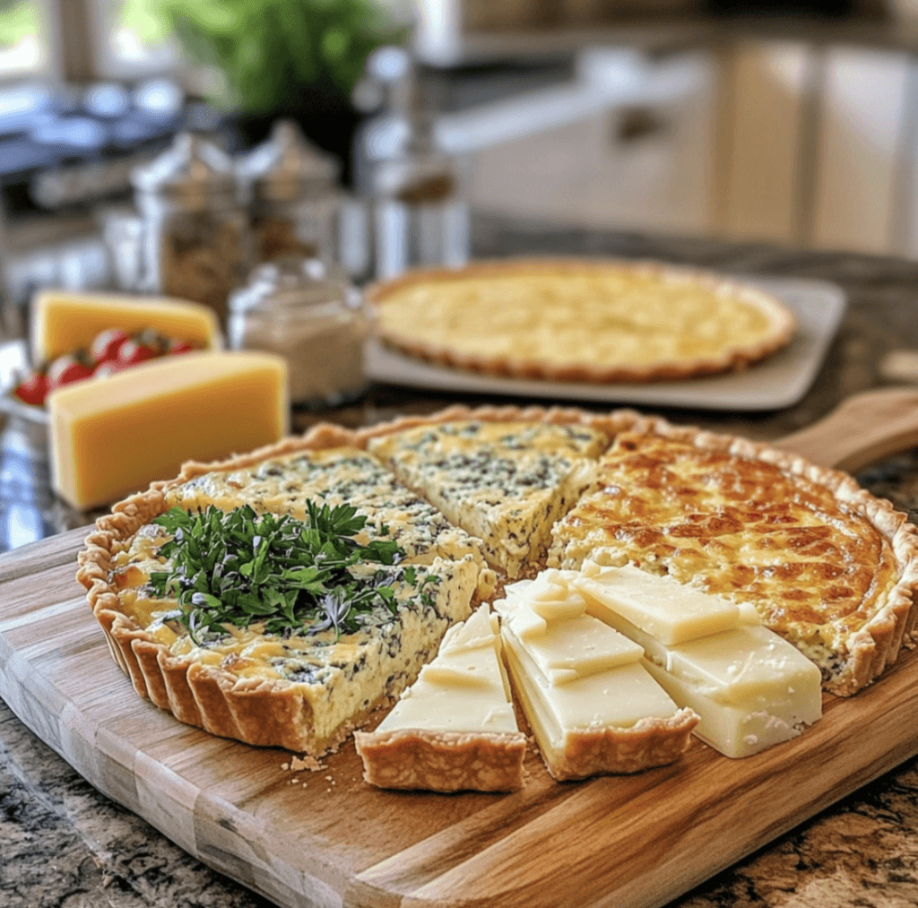 A freshly baked crab quiche with a golden crust, creamy filling, and melted cheese, garnished with green onions on a rustic wooden table.