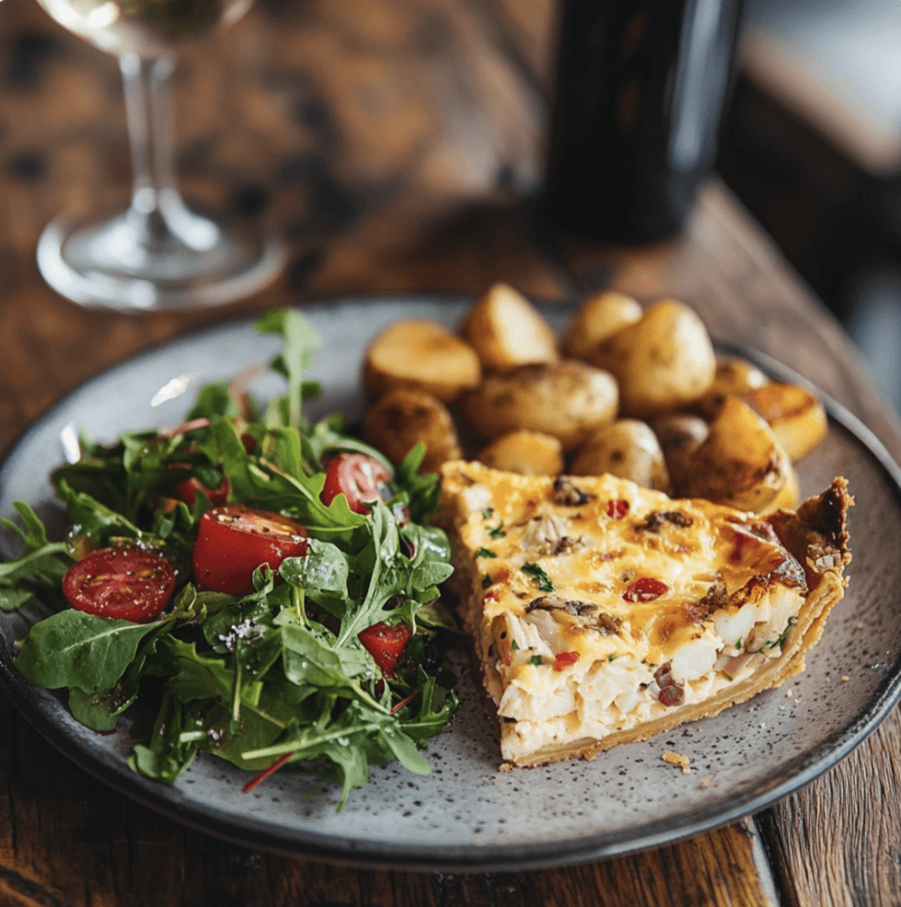 A table setting featuring a slice of crab quiche served with a fresh green salad, a glass of white wine, and a side of roasted potatoes