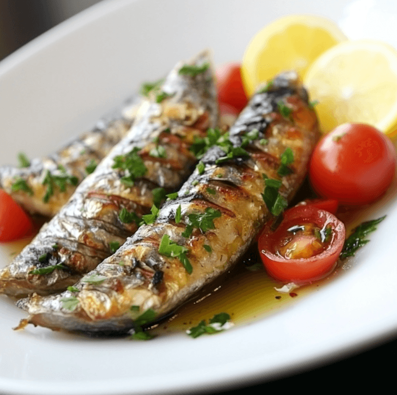 A can of sardines opened with fresh herbs, lemon slices, and bread on a wooden table