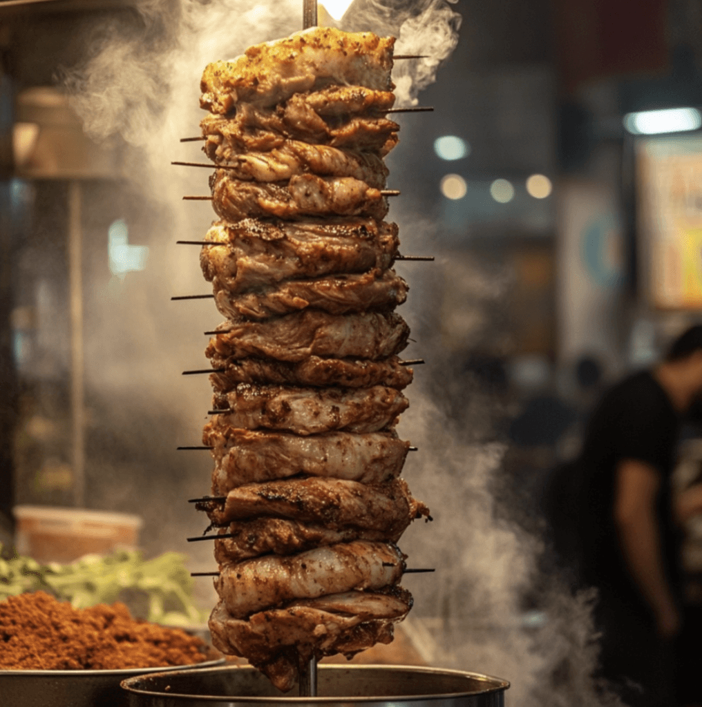 chicken shawarma bowl​ : shawarma meat being cooked in street food restaurant