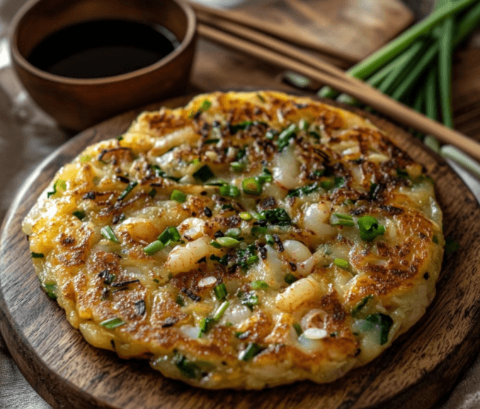  A seafood version of Korean Scallion Pancakes (Haemul Pajeon).
