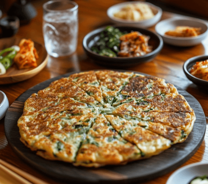 A table setting with scallion pancakes and traditional Korean side dishes.